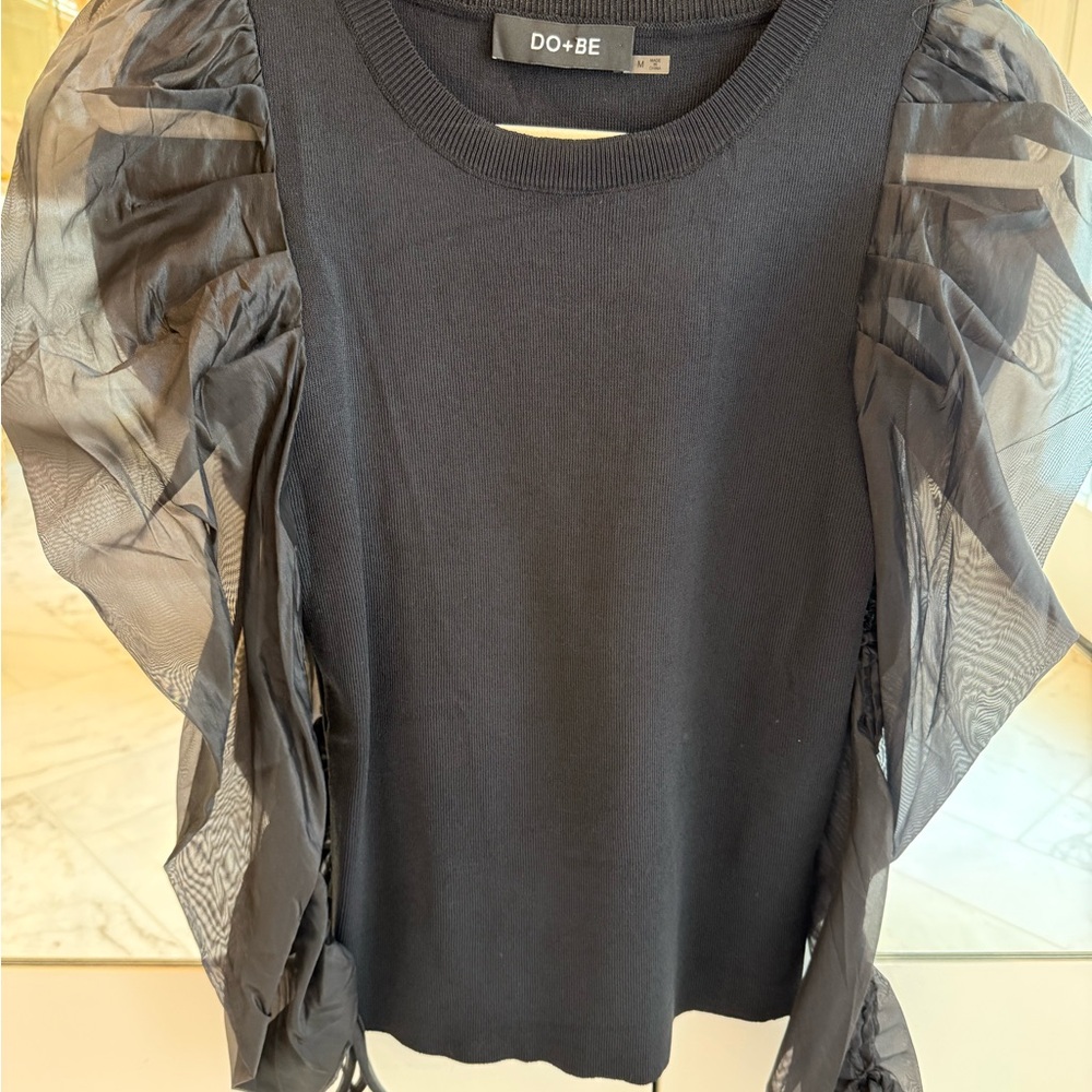 DO+BE Black Sheer Puff-Sleeve Sweater Top